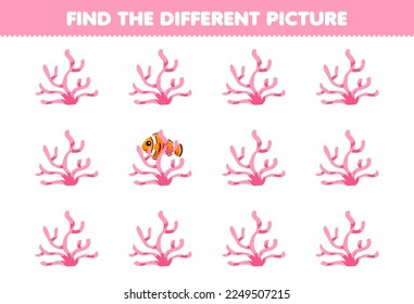 El juego de la educación para los niños encuentra la diferente imagen de una tira de dibujos animados de color rosa que puede imprimirse en la hoja de cálculo