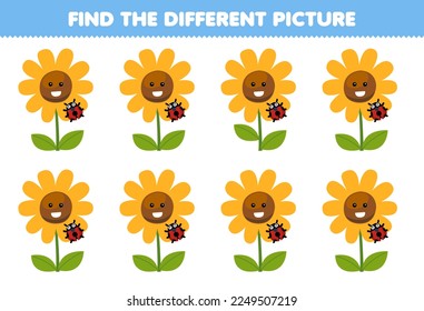 Education game for children find the different picture of cute cartoon sunflower and ladybug printable nature worksheet