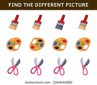 Education game for children find the different picture in each row of cute cartoon brush palette scissor printable tool worksheet