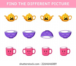 Education game for children find the different picture in each row of cute cartoon teapot bowl mug printable tool worksheet