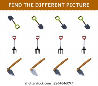 Juego de educación para los niños encuentra la imagen diferente en cada fila de la hoja de trabajo de la herramienta tibia rastrilladora de caricatura imprimible