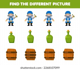 Education game for children find the different picture in each row of cute cartoon old man bottle and barrel printable pirate worksheet