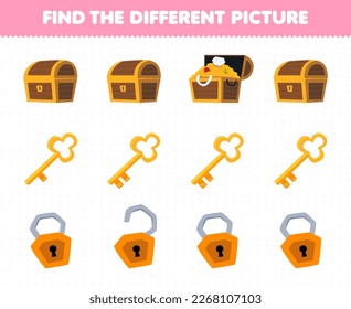 Education game for children find the different picture in each row of cute cartoon treasure chest key and padlock printable pirate worksheet