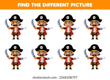 Education game for children find the different picture of cute cartoon captain character printable pirate worksheet