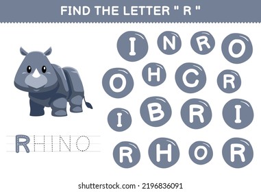 Education game for children find the letter R with cute cartoon animal gray rhino printable worksheet