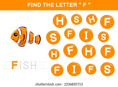 Education game for children find the letter F with cute cartoon fish printable underwater worksheet