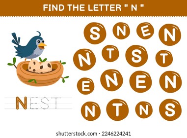 Education game for children find the letter C with cute cartoon bird nest printable nature worksheet