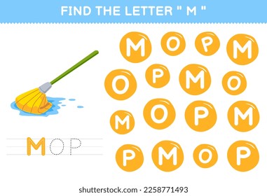 Education game for children find the letter M with cute cartoon mop printable tool worksheet