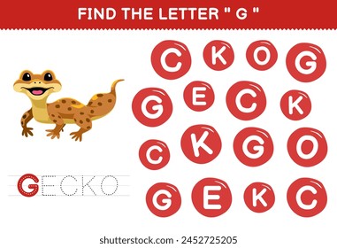 Education game for children find the letter G with a cute gecko picture printable pet worksheet