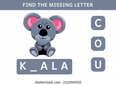 Education game for children find missing letter cute cartoon koala