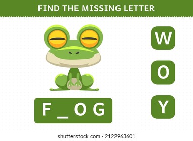 Education game for children find missing letter cute cartoon frog