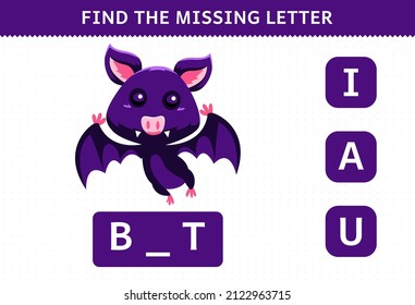 Education game for children find missing letter cute cartoon bat