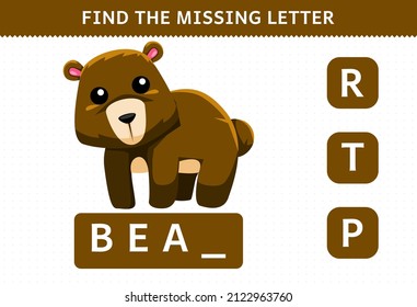 Education game for children find missing letter cute cartoon bear