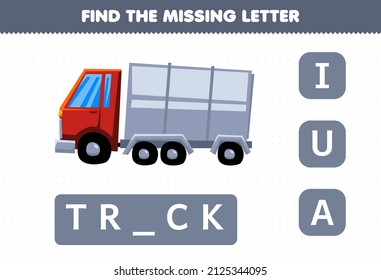 Education game for children find missing letter cute transportation truck