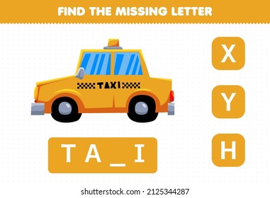 Education game for children find missing letter cute transportation taxi