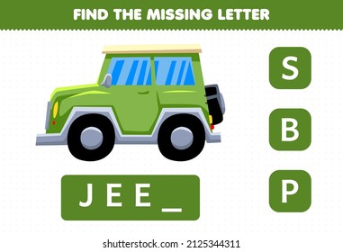 Education game for children find missing letter cute transportation jeep car