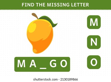 Education game for children find missing letter cute cartoon fruit mango worksheet