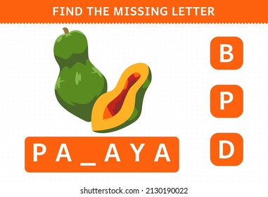 Education game for children find missing letter cute cartoon fruit papaya worksheet