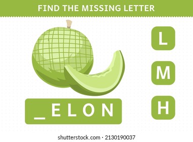 Juego de educación para niños falta carta linda caricatura fruta melón hoja de cálculo