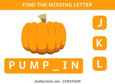 Education game for children find missing letter cute cartoon vegetable pumpkin worksheet