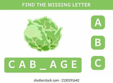 Education game for children find missing letter cute cartoon vegetable cabbage worksheet