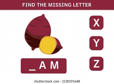 Education game for children find missing letter cute cartoon vegetable yam worksheet