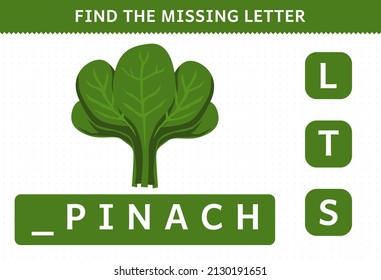 Education game for children find missing letter cute cartoon vegetable spinach worksheet