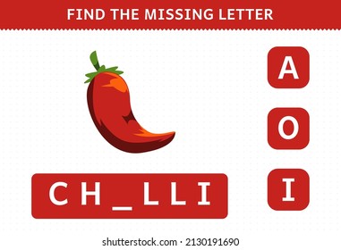 Education game for children find missing letter cute cartoon vegetable chilli worksheet