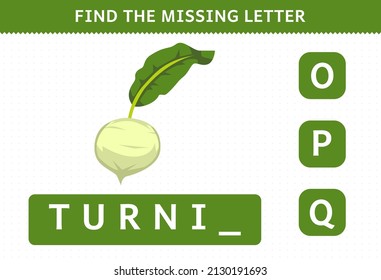 Education game for children find missing letter cute cartoon vegetable turnip worksheet