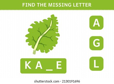Education game for children find missing letter cute cartoon vegetable kale worksheet