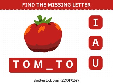 Education game for children find missing letter cute cartoon vegetable tomato worksheet