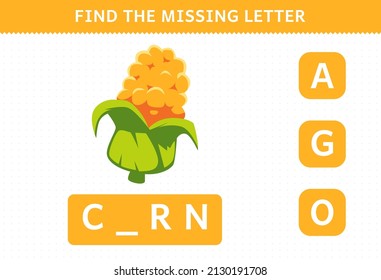 Education game for children find missing letter cute cartoon vegetable corn worksheet