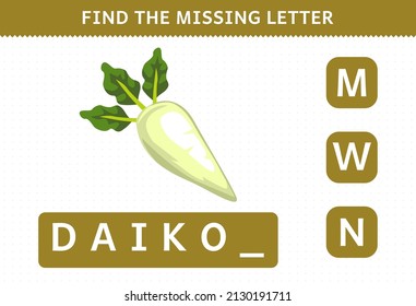 Education game for children find missing letter cute cartoon vegetable daikon worksheet