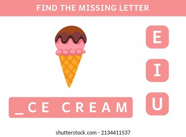 Education game for children find missing letter cartoon food ice cream worksheet