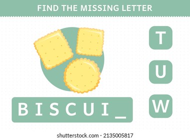 Education game for children find missing letter cartoon food snack biscuit worksheet