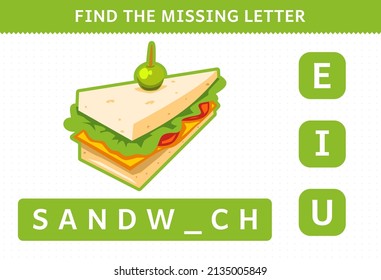 Education game for children find missing letter cartoon food snack sandwich worksheet