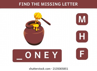 Education game for children find missing letter cartoon food snack honey worksheet