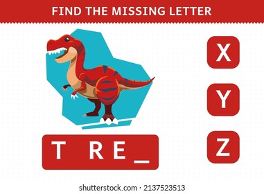 Education game for children find missing letter cartoon prehistoric dinosaur tyrannosaurus rex worksheet