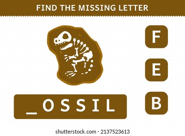 Education game for children find missing letter cartoon prehistoric dinosaur fossil worksheet