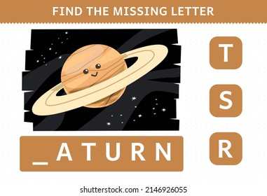 Education game for children find missing letter cute cartoon solar system saturn planet worksheet