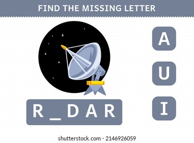 Education game for children find missing letter cute cartoon solar system radar worksheet