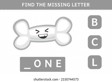Education game for children find missing letter cute cartoon human organ bone worksheet