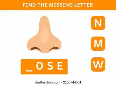 Education game for children find missing letter cute cartoon human anatomy nose worksheet