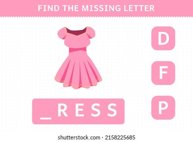 Education game for children find missing letter cartoon wearable clothes dress worksheet