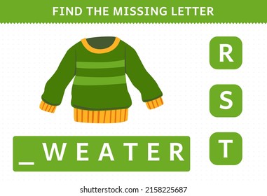 Education game for children find missing letter cartoon wearable clothes sweater worksheet