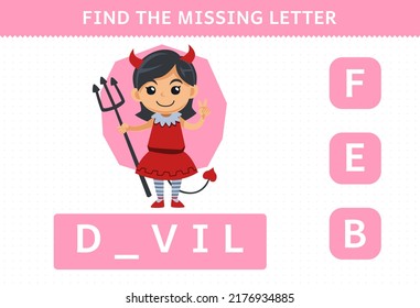 Education game for children find missing letter of cute cartoon devil girl halloween costume printable worksheet