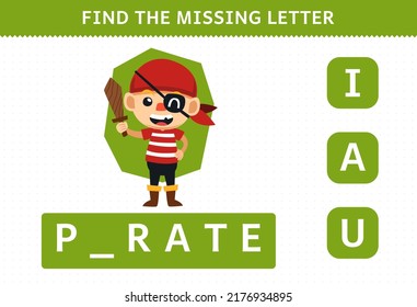 Education game for children find missing letter of cute cartoon pirate halloween costume printable worksheet
