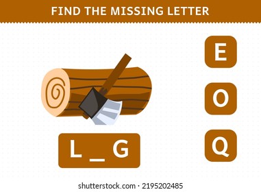 Education game for children find missing letter of cute cartoon log printable farm worksheet