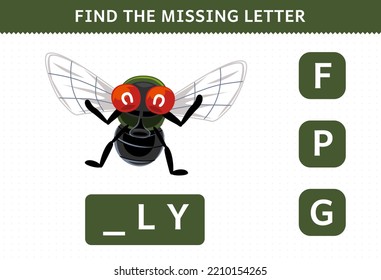 Education game for children find missing letter of cute cartoon fly printable bug worksheet