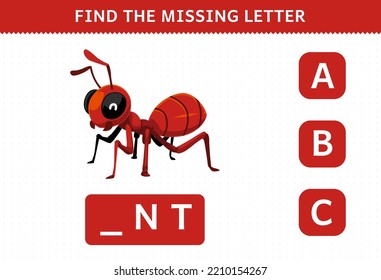 Education game for children find missing letter of cute cartoon ant printable bug worksheet